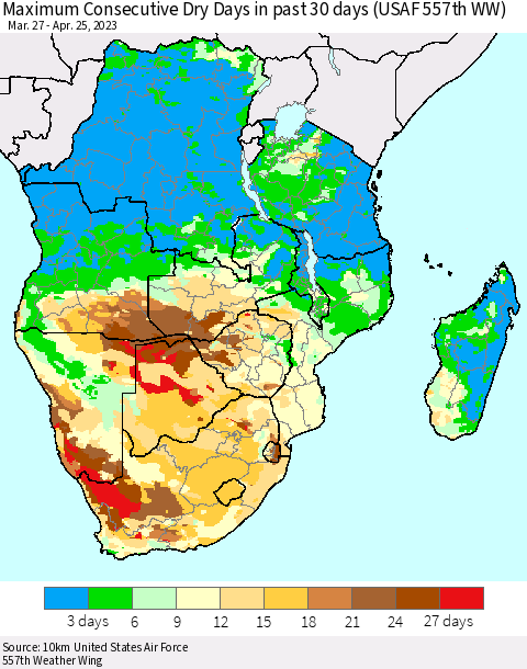 Southern Africa Maximum Consecutive Dry Days in past 30 days (USAF 557th WW) 04/25/2023 Thematic Map For 4/21/2023 - 4/25/2023