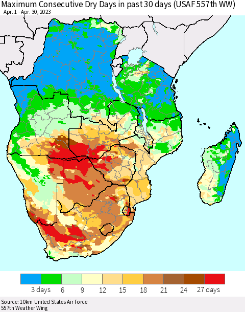 Southern Africa Maximum Consecutive Dry Days in past 30 days (USAF 557th WW) 04/30/2023 Thematic Map For 4/26/2023 - 4/30/2023