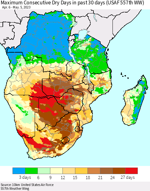 Southern Africa Maximum Consecutive Dry Days in past 30 days (USAF 557th WW) 05/05/2023 Thematic Map For 5/1/2023 - 5/5/2023