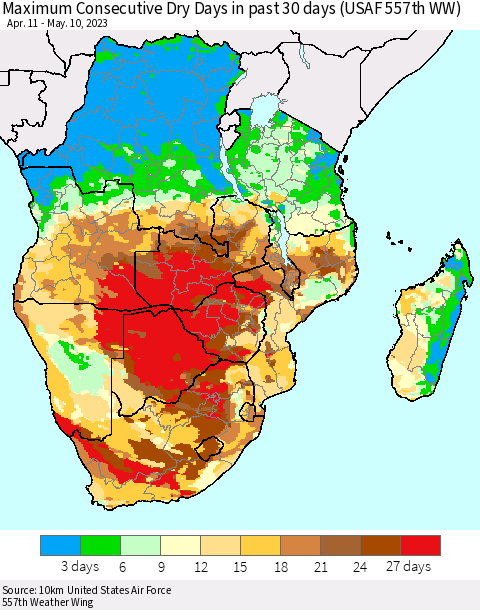 Southern Africa Maximum Consecutive Dry Days in past 30 days (USAF 557th WW) 05/10/2023 Thematic Map For 5/6/2023 - 5/10/2023