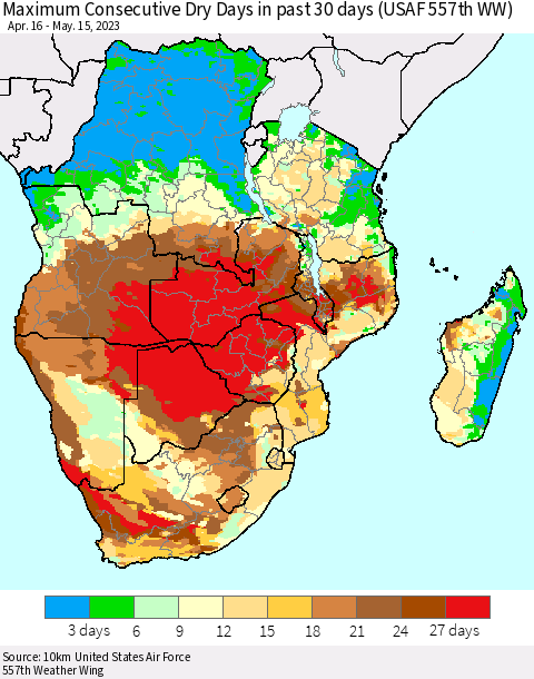 Southern Africa Maximum Consecutive Dry Days in past 30 days (USAF 557th WW) 05/15/2023 Thematic Map For 5/11/2023 - 5/15/2023