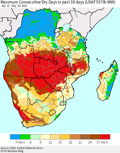 Southern Africa Maximum Consecutive Dry Days in past 30 days (USAF 557th WW) 05/20/2023 Thematic Map For 5/16/2023 - 5/20/2023