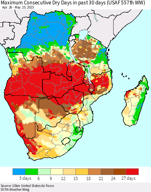 Southern Africa Maximum Consecutive Dry Days in past 30 days (USAF 557th WW) 05/25/2023 Thematic Map For 5/21/2023 - 5/25/2023