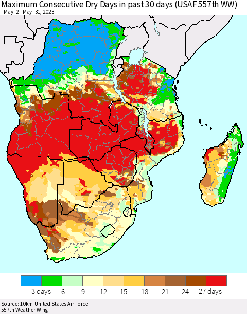 Southern Africa Maximum Consecutive Dry Days in past 30 days (USAF 557th WW) 05/31/2023 Thematic Map For 5/26/2023 - 5/31/2023