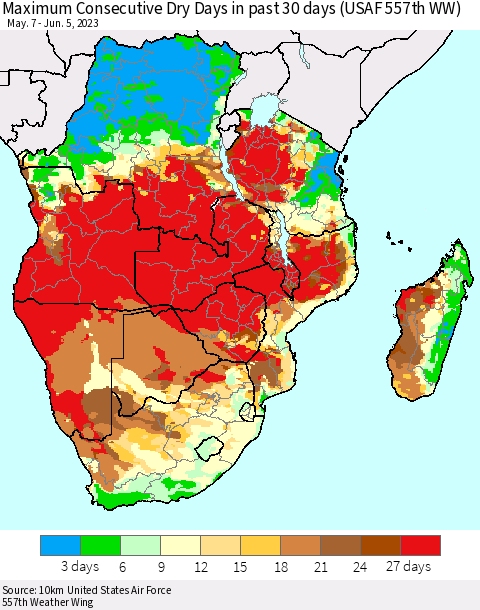 Southern Africa Maximum Consecutive Dry Days in past 30 days (USAF 557th WW) 06/05/2023 Thematic Map For 6/1/2023 - 6/5/2023