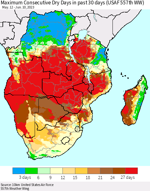 Southern Africa Maximum Consecutive Dry Days in past 30 days (USAF 557th WW) 06/10/2023 Thematic Map For 6/6/2023 - 6/10/2023