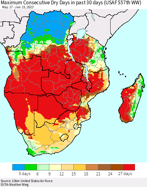 Southern Africa Maximum Consecutive Dry Days in past 30 days (USAF 557th WW) 06/15/2023 Thematic Map For 6/11/2023 - 6/15/2023