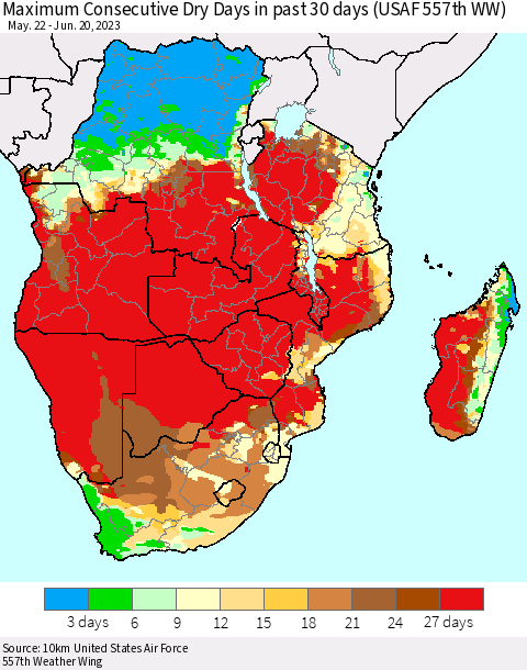 Southern Africa Maximum Consecutive Dry Days in past 30 days (USAF 557th WW) 06/20/2023 Thematic Map For 6/16/2023 - 6/20/2023