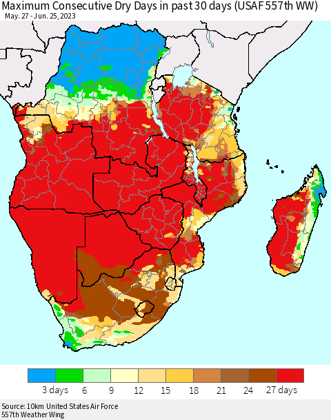 Southern Africa Maximum Consecutive Dry Days in past 30 days (USAF 557th WW) 06/25/2023 Thematic Map For 6/21/2023 - 6/25/2023