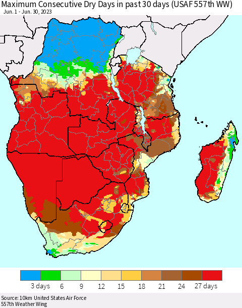 Southern Africa Maximum Consecutive Dry Days in past 30 days (USAF 557th WW) 06/30/2023 Thematic Map For 6/26/2023 - 6/30/2023