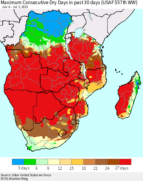 Southern Africa Maximum Consecutive Dry Days in past 30 days (USAF 557th WW) 07/05/2023 Thematic Map For 7/1/2023 - 7/5/2023