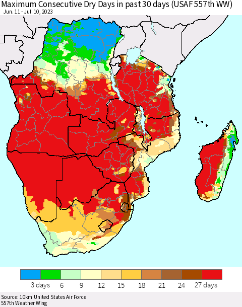 Southern Africa Maximum Consecutive Dry Days in past 30 days (USAF 557th WW) 07/10/2023 Thematic Map For 7/6/2023 - 7/10/2023