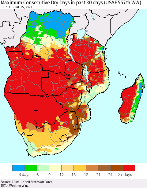 Southern Africa Maximum Consecutive Dry Days in past 30 days (USAF 557th WW) 07/15/2023 Thematic Map For 7/11/2023 - 7/15/2023