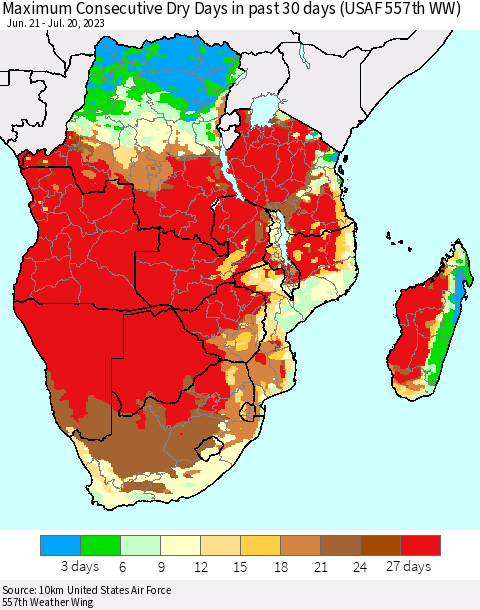 Southern Africa Maximum Consecutive Dry Days in past 30 days (USAF 557th WW) 07/20/2023 Thematic Map For 7/16/2023 - 7/20/2023