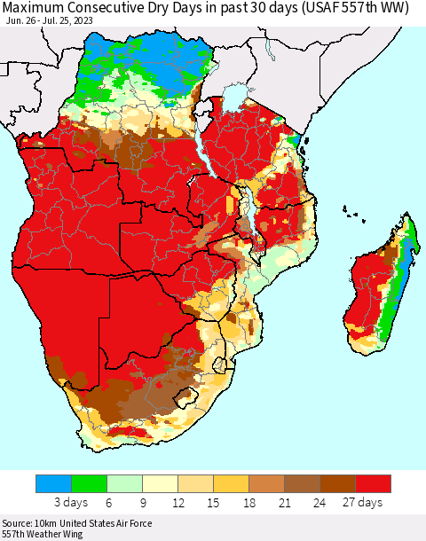 Southern Africa Maximum Consecutive Dry Days in past 30 days (USAF 557th WW) 07/25/2023 Thematic Map For 7/21/2023 - 7/25/2023