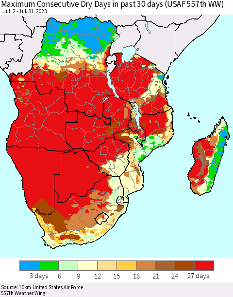 Southern Africa Maximum Consecutive Dry Days in past 30 days (USAF 557th WW) 07/31/2023 Thematic Map For 7/26/2023 - 7/31/2023