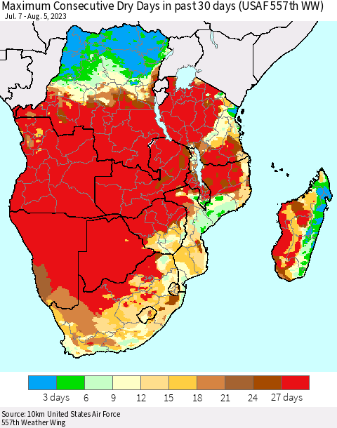Southern Africa Maximum Consecutive Dry Days in past 30 days (USAF 557th WW) 08/05/2023 Thematic Map For 8/1/2023 - 8/5/2023
