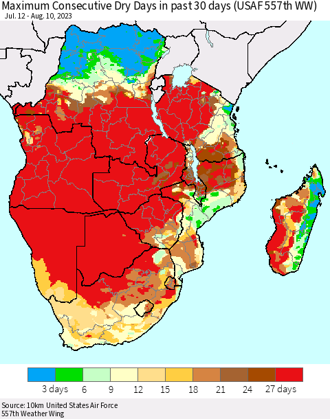 Southern Africa Maximum Consecutive Dry Days in past 30 days (USAF 557th WW) 08/10/2023 Thematic Map For 8/6/2023 - 8/10/2023