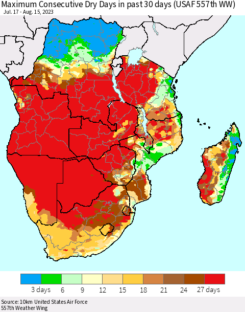 Southern Africa Maximum Consecutive Dry Days in past 30 days (USAF 557th WW) 08/15/2023 Thematic Map For 8/11/2023 - 8/15/2023