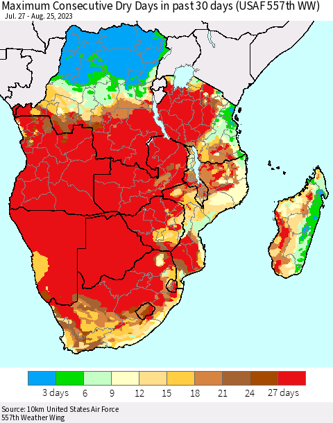 Southern Africa Maximum Consecutive Dry Days in past 30 days (USAF 557th WW) 08/25/2023 Thematic Map For 8/21/2023 - 8/25/2023