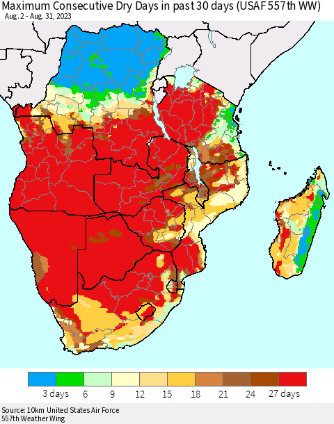 Southern Africa Maximum Consecutive Dry Days in past 30 days (USAF 557th WW) 08/31/2023 Thematic Map For 8/26/2023 - 8/31/2023