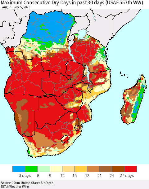 Southern Africa Maximum Consecutive Dry Days in past 30 days (USAF 557th WW) 09/05/2023 Thematic Map For 9/1/2023 - 9/5/2023