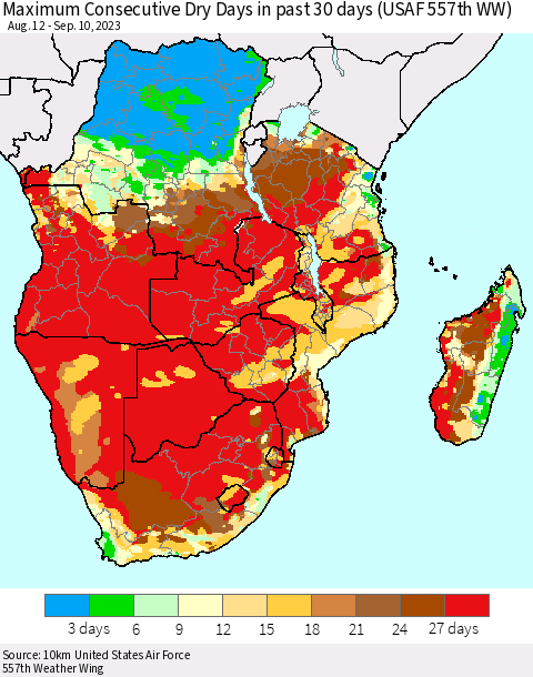 Southern Africa Maximum Consecutive Dry Days in past 30 days (USAF 557th WW) 09/10/2023 Thematic Map For 9/6/2023 - 9/10/2023