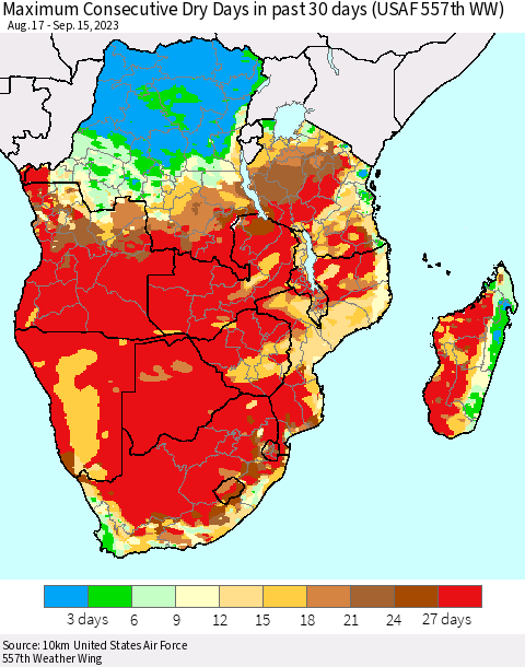 Southern Africa Maximum Consecutive Dry Days in past 30 days (USAF 557th WW) 09/15/2023 Thematic Map For 9/11/2023 - 9/15/2023