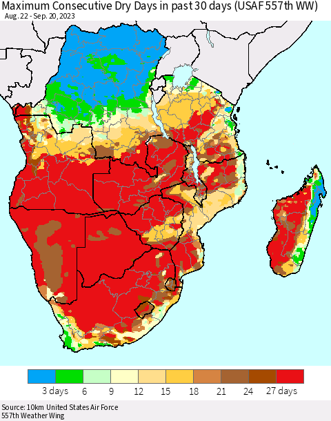 Southern Africa Maximum Consecutive Dry Days in past 30 days (USAF 557th WW) 09/20/2023 Thematic Map For 9/16/2023 - 9/20/2023