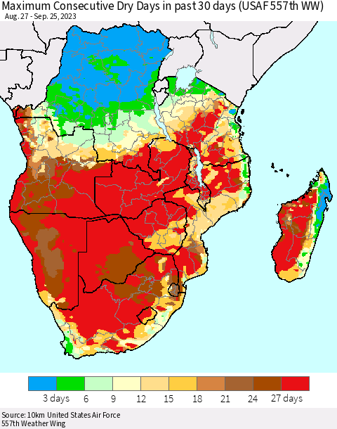 Southern Africa Maximum Consecutive Dry Days in past 30 days (USAF 557th WW) 09/25/2023 Thematic Map For 9/21/2023 - 9/25/2023