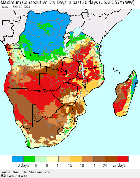 Southern Africa Maximum Consecutive Dry Days in past 30 days (USAF 557th WW) 09/30/2023 Thematic Map For 9/26/2023 - 9/30/2023
