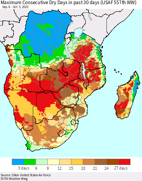 Southern Africa Maximum Consecutive Dry Days in past 30 days (USAF 557th WW) 10/05/2023 Thematic Map For 10/1/2023 - 10/5/2023