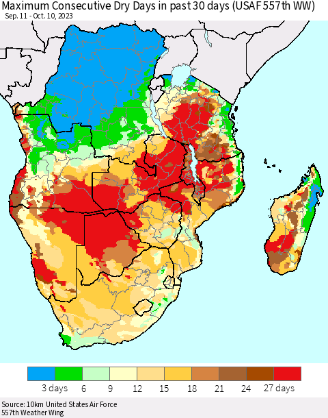 Southern Africa Maximum Consecutive Dry Days in past 30 days (USAF 557th WW) 10/10/2023 Thematic Map For 10/6/2023 - 10/10/2023
