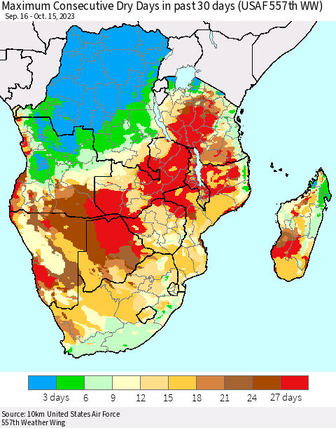 Southern Africa Maximum Consecutive Dry Days in past 30 days (USAF 557th WW) 10/15/2023 Thematic Map For 10/11/2023 - 10/15/2023