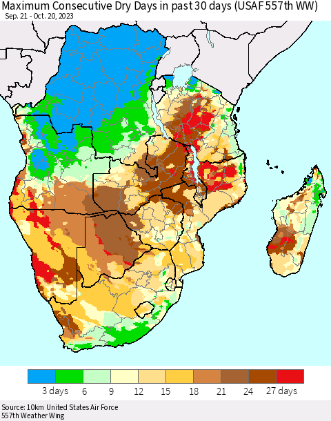 Southern Africa Maximum Consecutive Dry Days in past 30 days (USAF 557th WW) 10/20/2023 Thematic Map For 10/16/2023 - 10/20/2023