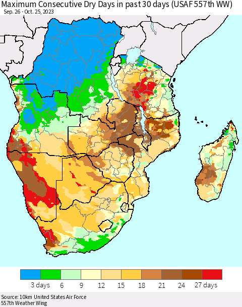 Southern Africa Maximum Consecutive Dry Days in past 30 days (USAF 557th WW) 10/25/2023 Thematic Map For 10/21/2023 - 10/25/2023