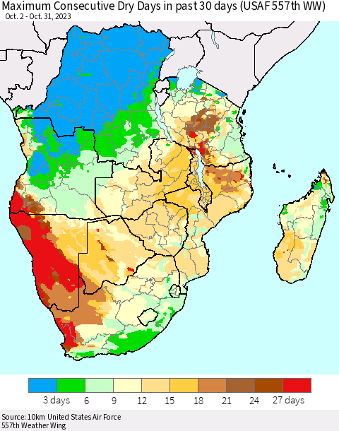 Southern Africa Maximum Consecutive Dry Days in past 30 days (USAF 557th WW) 10/31/2023 Thematic Map For 10/26/2023 - 10/31/2023