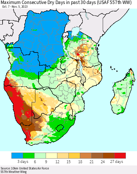 Southern Africa Maximum Consecutive Dry Days in past 30 days (USAF 557th WW) 11/05/2023 Thematic Map For 11/1/2023 - 11/5/2023