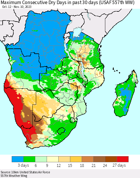 Southern Africa Maximum Consecutive Dry Days in past 30 days (USAF 557th WW) 11/10/2023 Thematic Map For 11/6/2023 - 11/10/2023