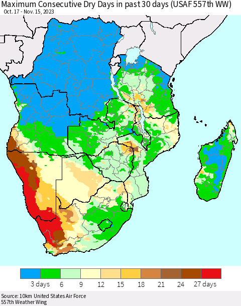 Southern Africa Maximum Consecutive Dry Days in past 30 days (USAF 557th WW) 11/15/2023 Thematic Map For 11/11/2023 - 11/15/2023