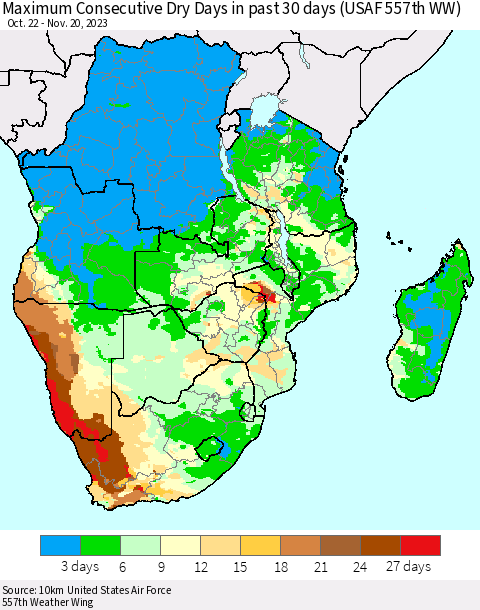 Southern Africa Maximum Consecutive Dry Days in past 30 days (USAF 557th WW) 11/20/2023 Thematic Map For 11/16/2023 - 11/20/2023