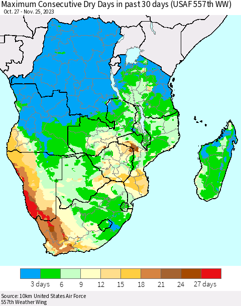 Southern Africa Maximum Consecutive Dry Days in past 30 days (USAF 557th WW) 11/25/2023 Thematic Map For 11/21/2023 - 11/25/2023