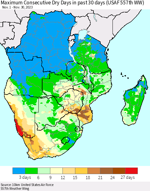Southern Africa Maximum Consecutive Dry Days in past 30 days (USAF 557th WW) 11/30/2023 Thematic Map For 11/26/2023 - 11/30/2023