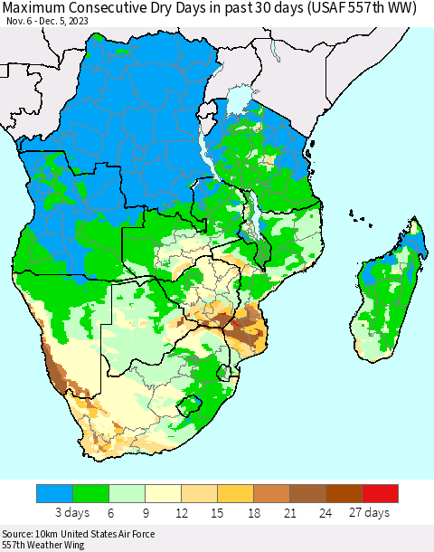 Southern Africa Maximum Consecutive Dry Days in past 30 days (USAF 557th WW) 12/05/2023 Thematic Map For 12/1/2023 - 12/5/2023
