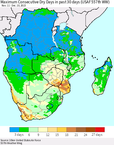 Southern Africa Maximum Consecutive Dry Days in past 30 days (USAF 557th WW) 12/10/2023 Thematic Map For 12/6/2023 - 12/10/2023