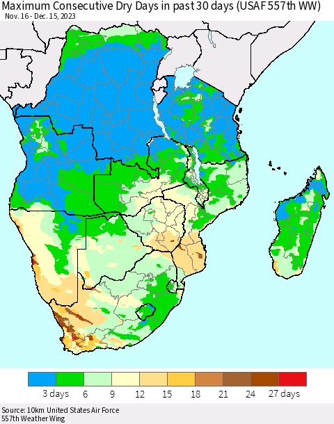 Southern Africa Maximum Consecutive Dry Days in past 30 days (USAF 557th WW) 12/15/2023 Thematic Map For 12/11/2023 - 12/15/2023