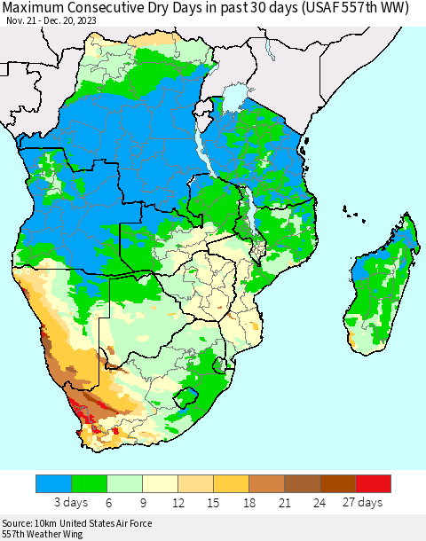 Southern Africa Maximum Consecutive Dry Days in past 30 days (USAF 557th WW) 12/20/2023 Thematic Map For 12/16/2023 - 12/20/2023