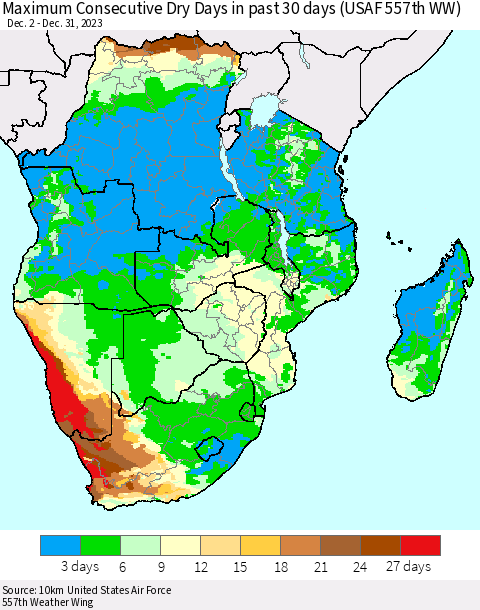Southern Africa Maximum Consecutive Dry Days in past 30 days (USAF 557th WW) 12/31/2023 Thematic Map For 12/26/2023 - 12/31/2023