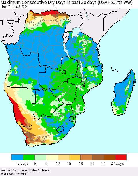 Southern Africa Maximum Consecutive Dry Days in past 30 days (USAF 557th WW) 01/05/2024 Thematic Map For 1/1/2024 - 1/5/2024