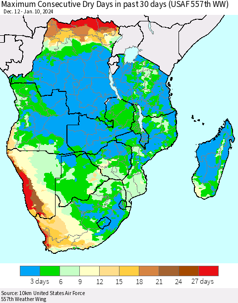 Southern Africa Maximum Consecutive Dry Days in past 30 days (USAF 557th WW) 01/10/2024 Thematic Map For 1/6/2024 - 1/10/2024